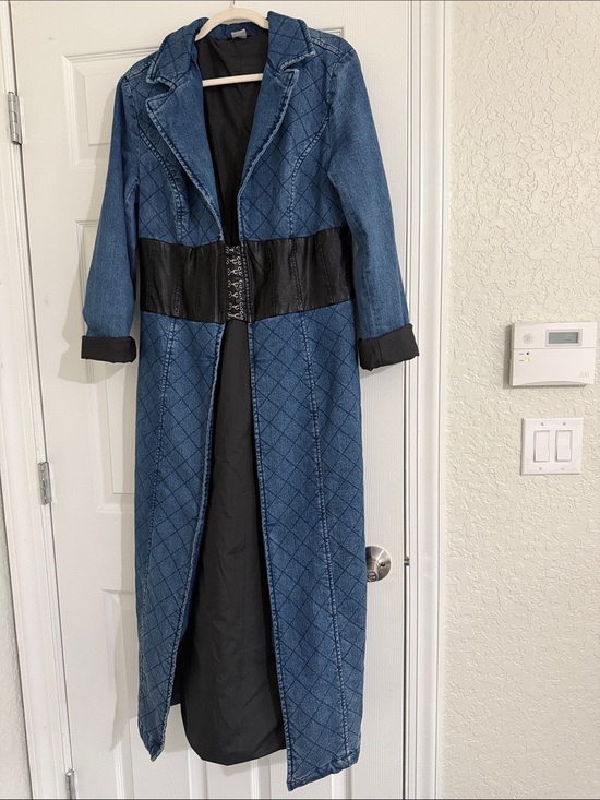 VENUS Jackets & Blazers - VENUS Blue Quilted Denim Trench Coat with Corset Black Waist Panel